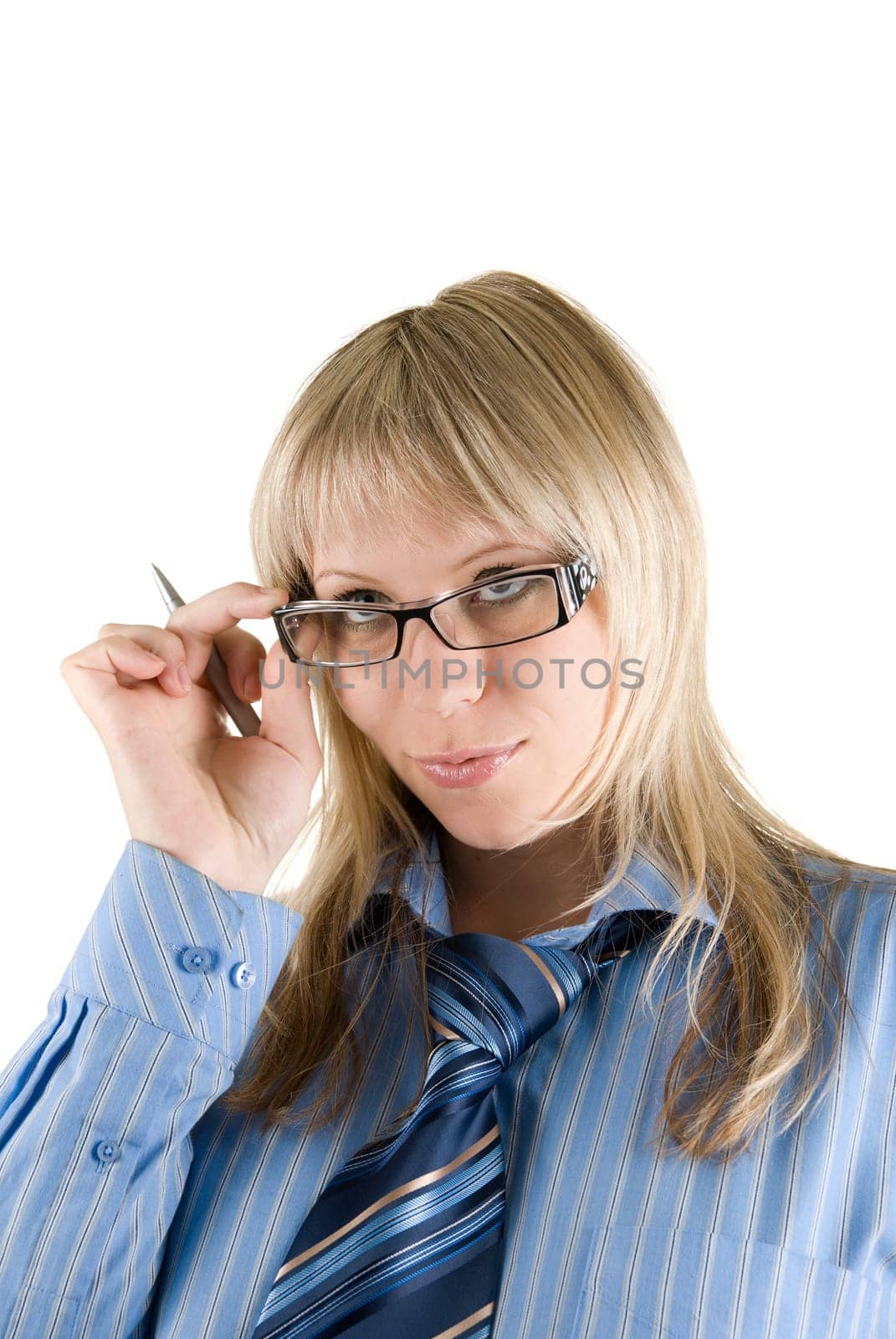 Blond Business woman set the glasses straight isolated on white