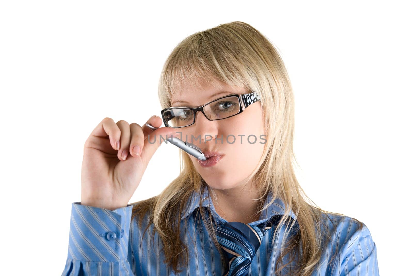 Beauty Blond Business woman with pen isolated on white