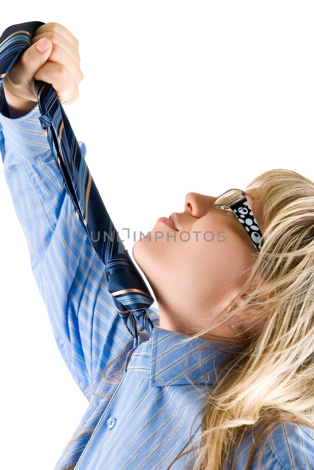 girl pull herself for a tie isolated on white