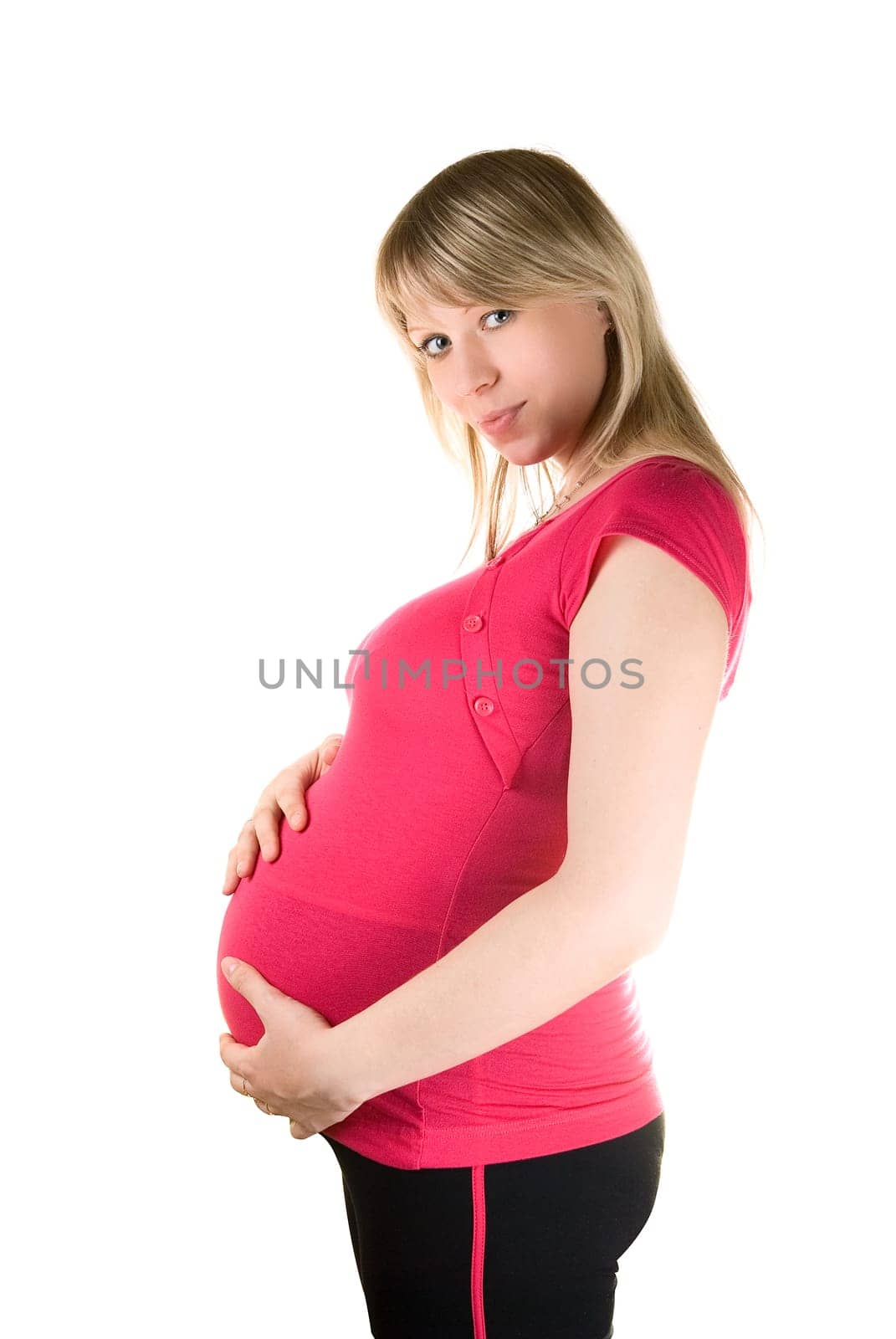 Happy pregnant woman isolated on white background