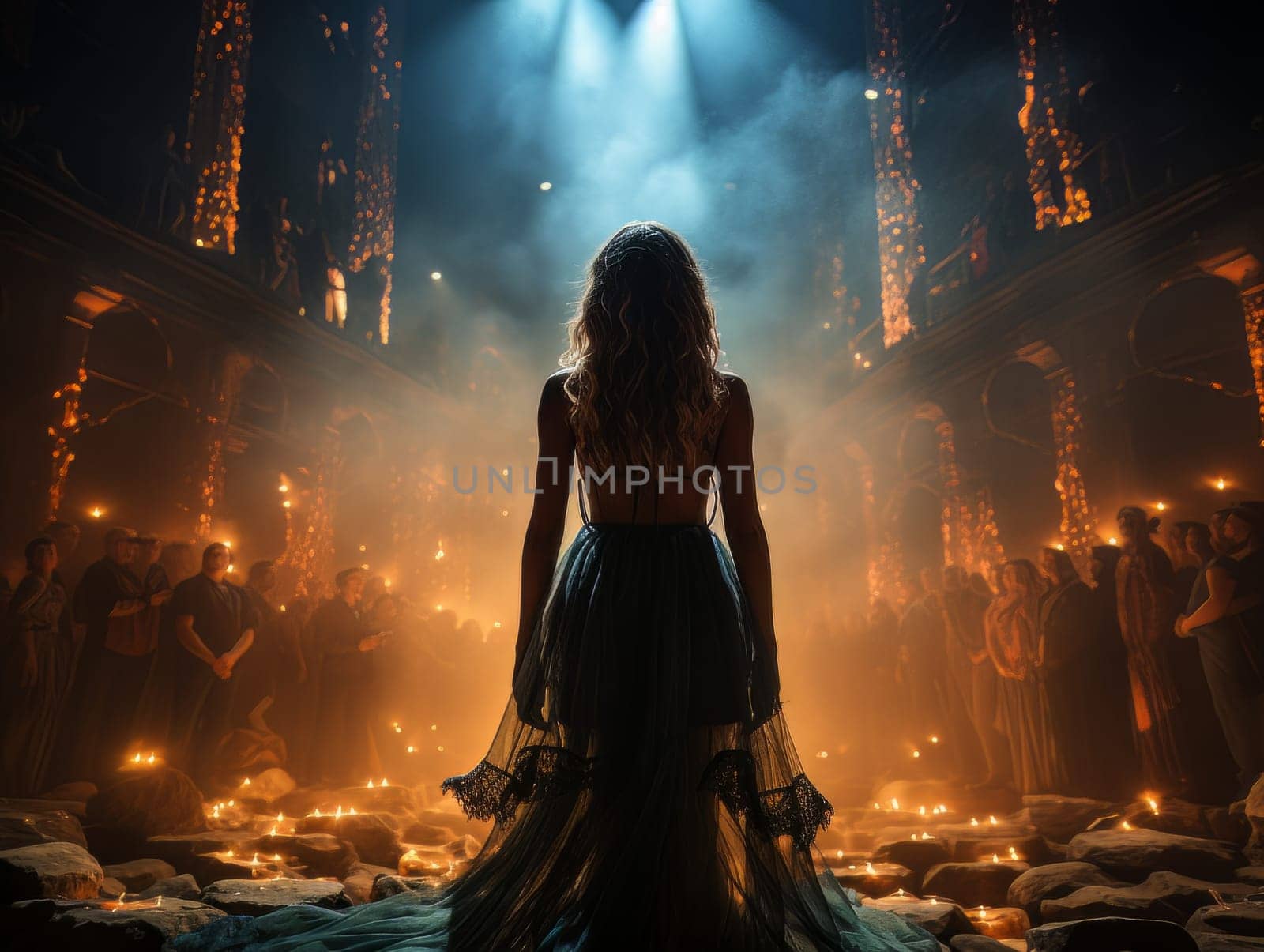 Adult young woman in beautiful dress watching a fire near luxurious concert hall outdoor. Rear view of creative slim girl artist AI