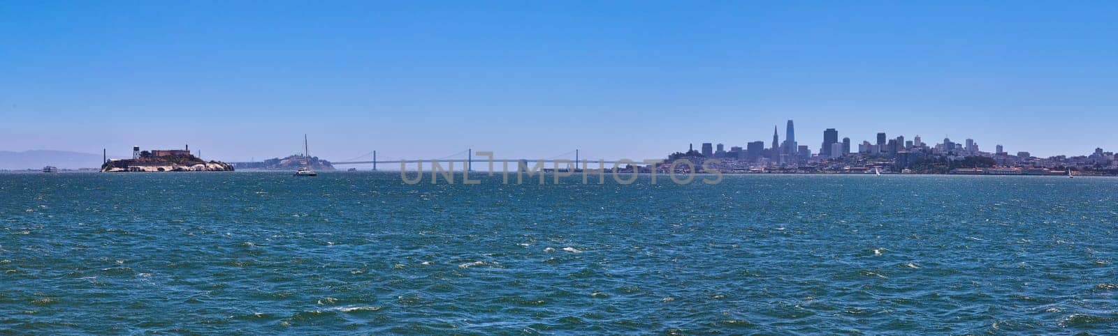 Panorama San Francisco Bay with Alcatraz Island to downtown skyscraper city coastline by njproductions
