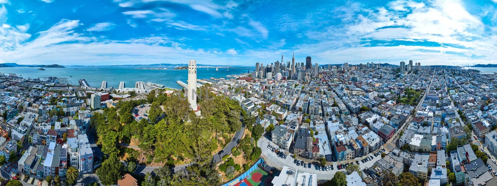 Gorgeous San Francisco city aerial downtown with Coit Tower on blue sky day by njproductions