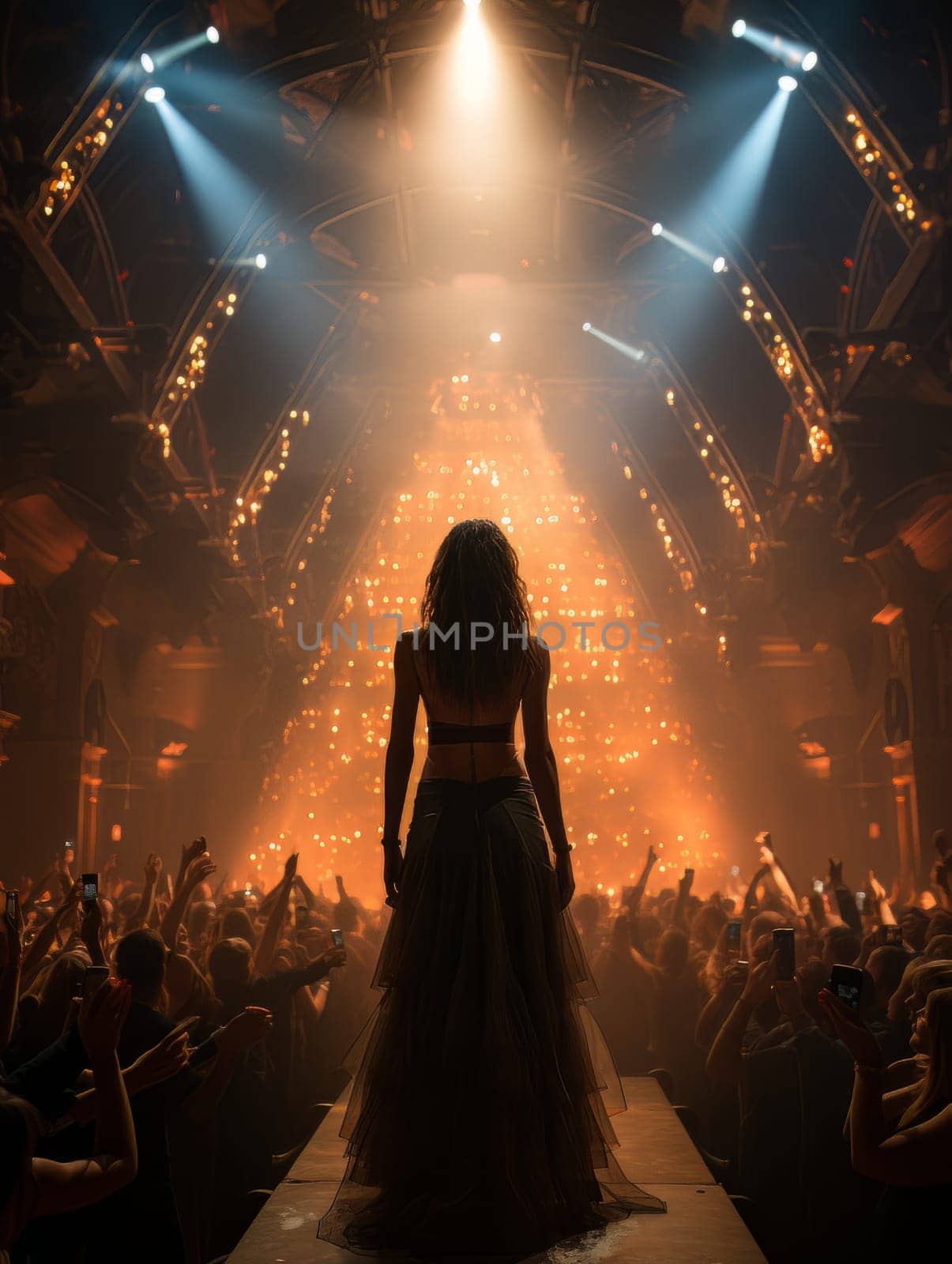 Fictional show woman. Adult young female model on the catwalk in spotlight. Rear view of creative slim girl artist in front of crowd of spectators AI
