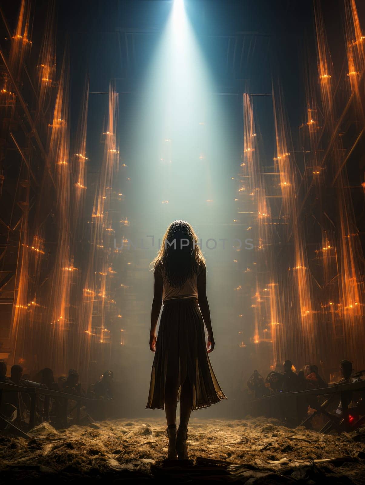 Fictional thin girl in dramatic light stands with her back in the frame on street ruins AI