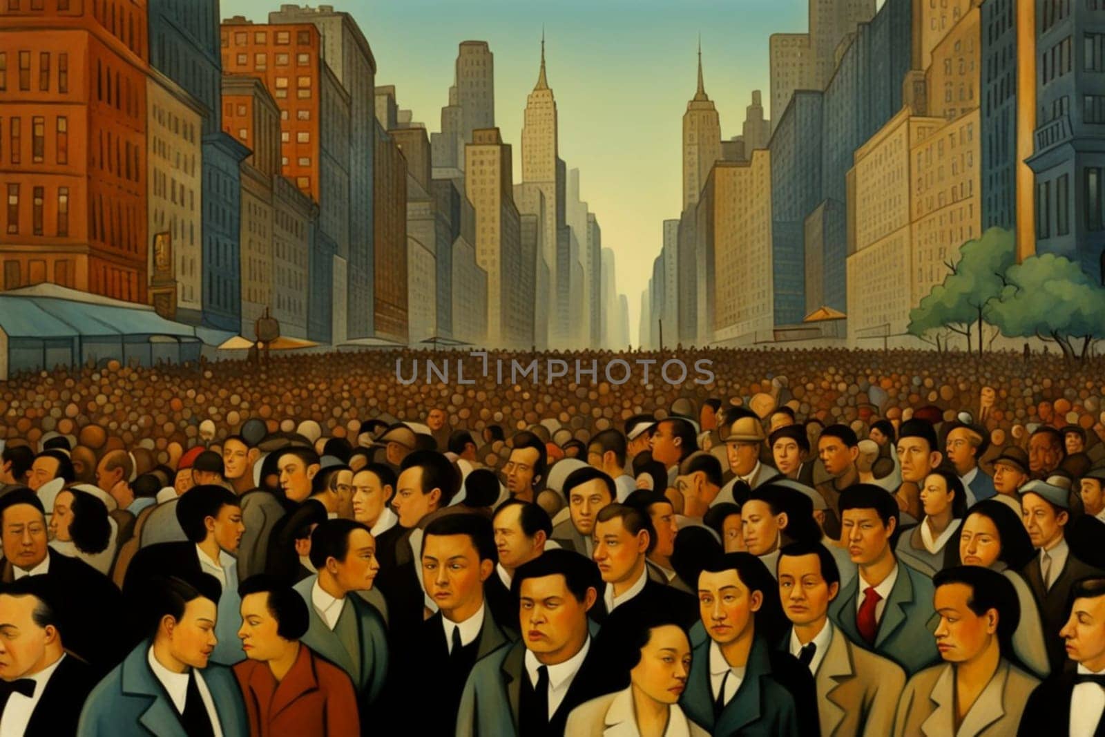 big crowd of people activist gather in main square, community civil rights fight, illustration , vintage painting style generative ai