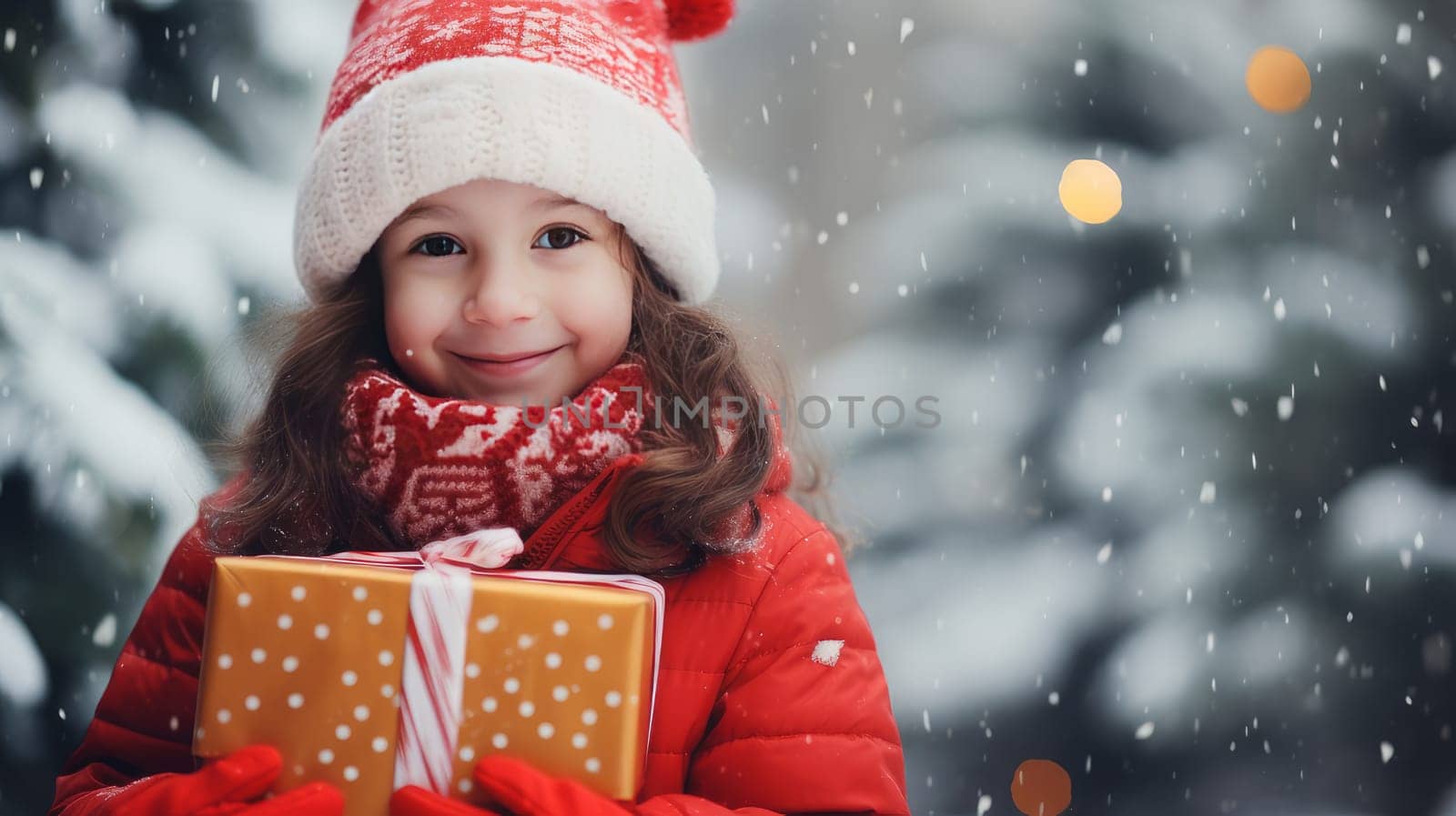 Pretty smiling girl, child in red jacket and hat holding Christmas gifts while standing against background of decorated Christmas tree outdoors on snowy day of winter holidays.