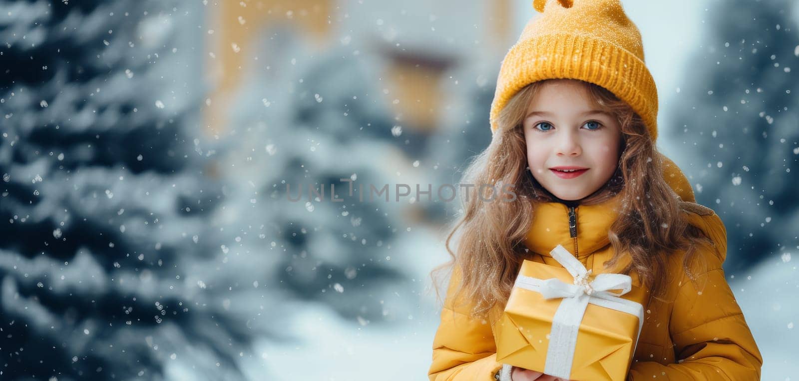 Pretty smiling girl holding Christmas gifts while standing against background of decorated Christmas tree outdoors wearing yellow outerwear on snowy winter holiday day.