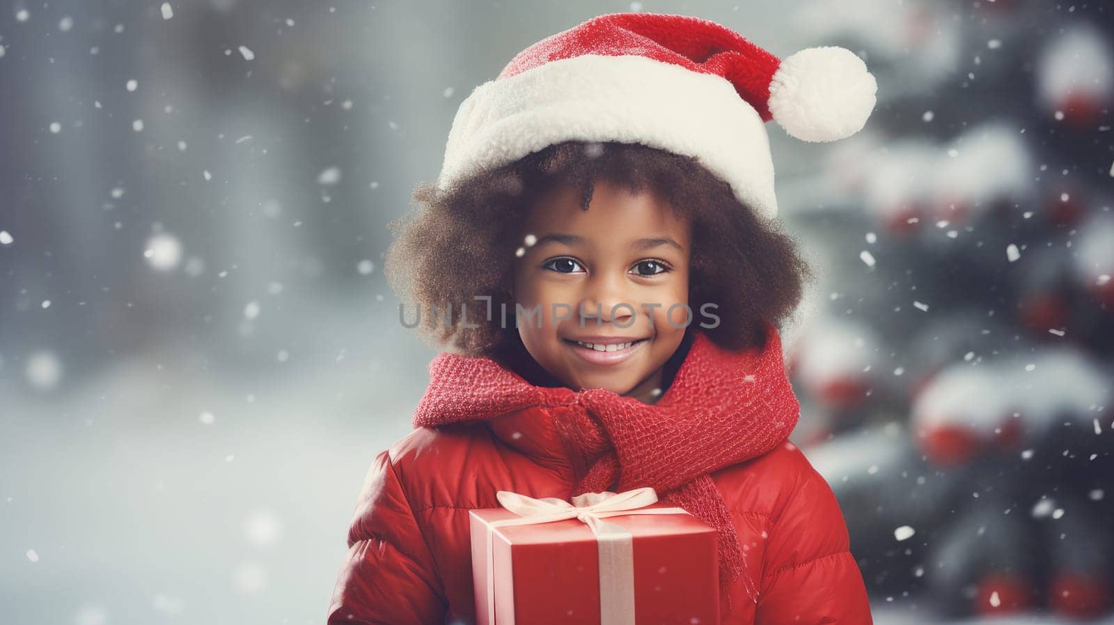 Pretty smiling African American girl, child in red jacket and hat holding Christmas gifts while standing against background of decorated Christmas tree outdoors on snowy day of winter holidays.