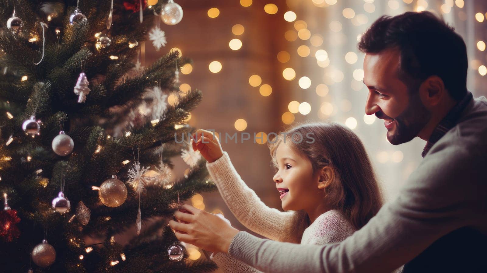 Happy child decorating Christmas tree with New Year's toys together with parents at home by Alla_Yurtayeva