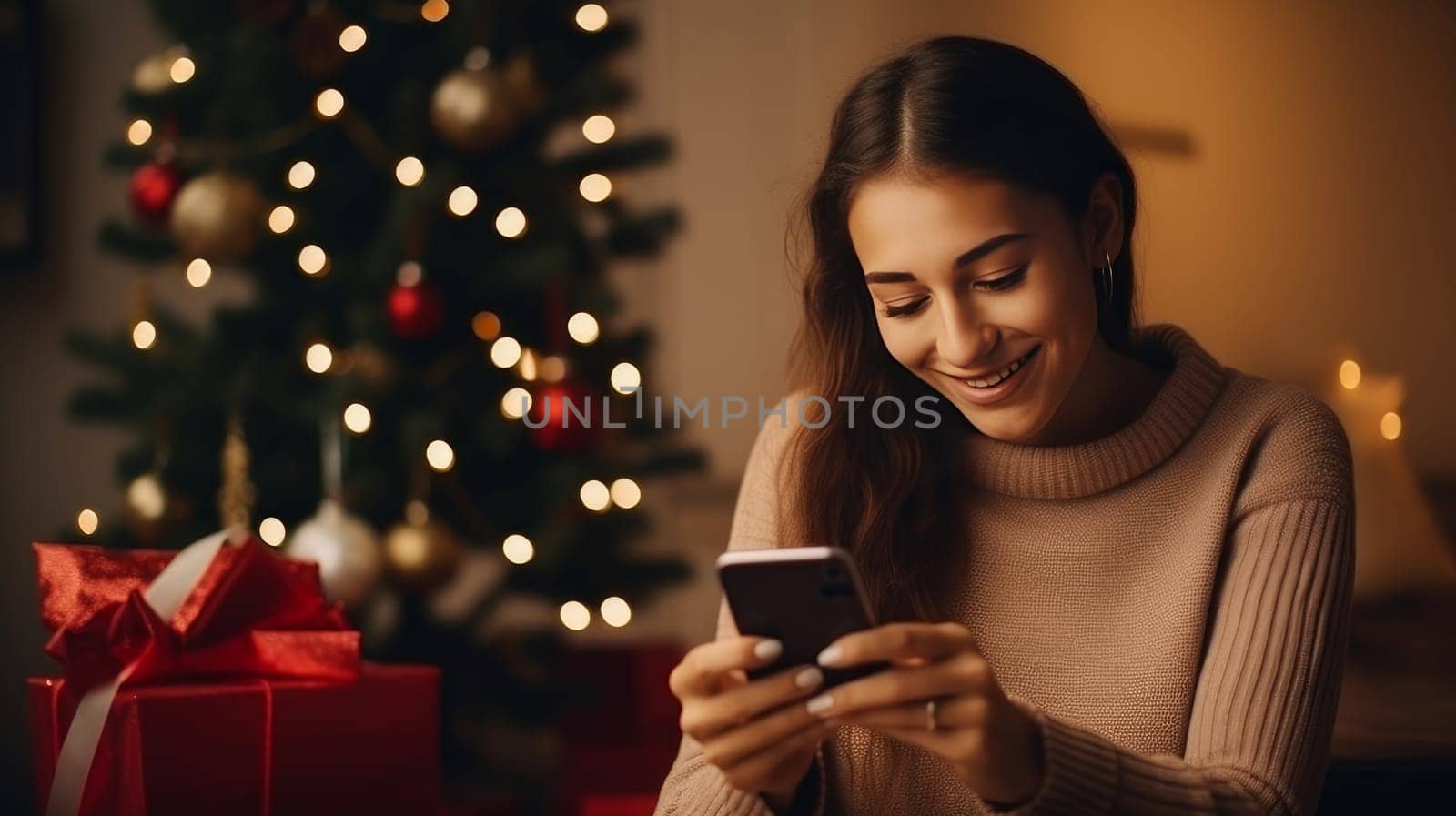 Young woman orders New Year gifts during Christmas holidays at home using smartphone and credit card.
