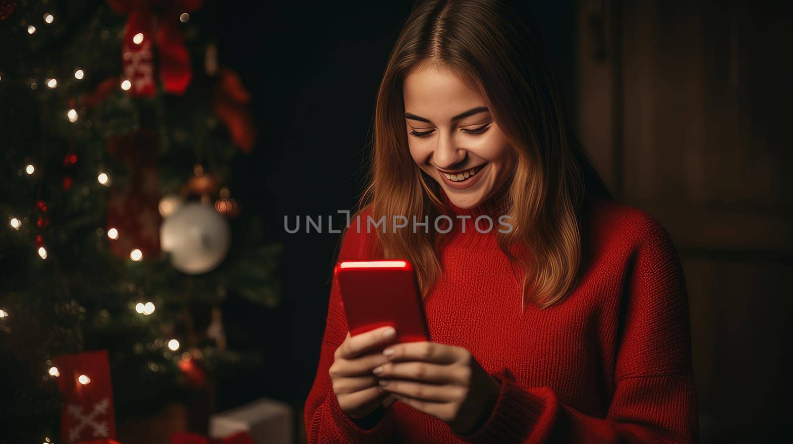 Young woman in a red sweater orders gifts during the Christmas holidays at home, using a smartphone and a credit card. by Alla_Yurtayeva