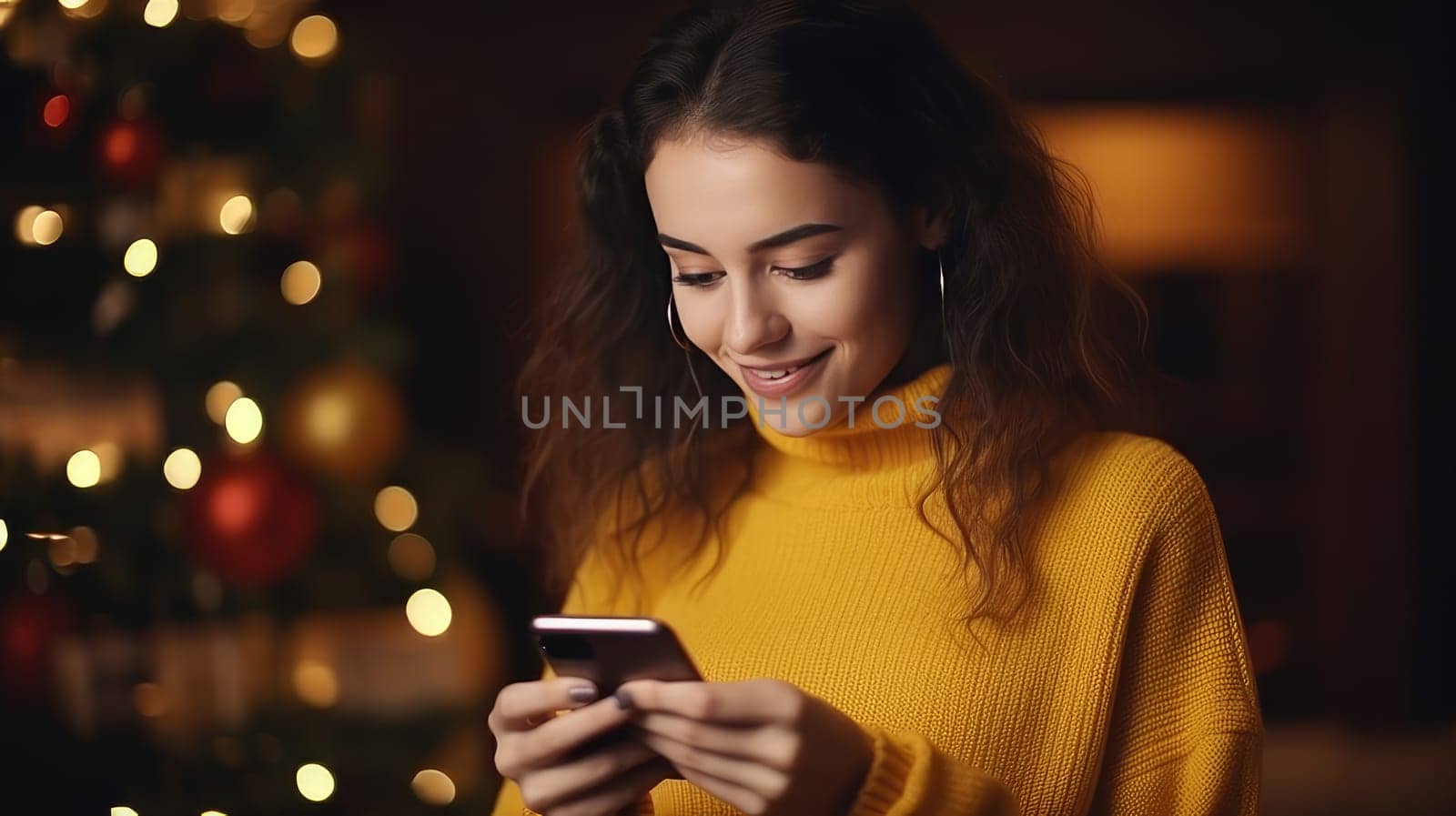 Young woman in yellow sweater orders New Year gifts during Christmas holidays at home using smartphone and credit card by Alla_Yurtayeva