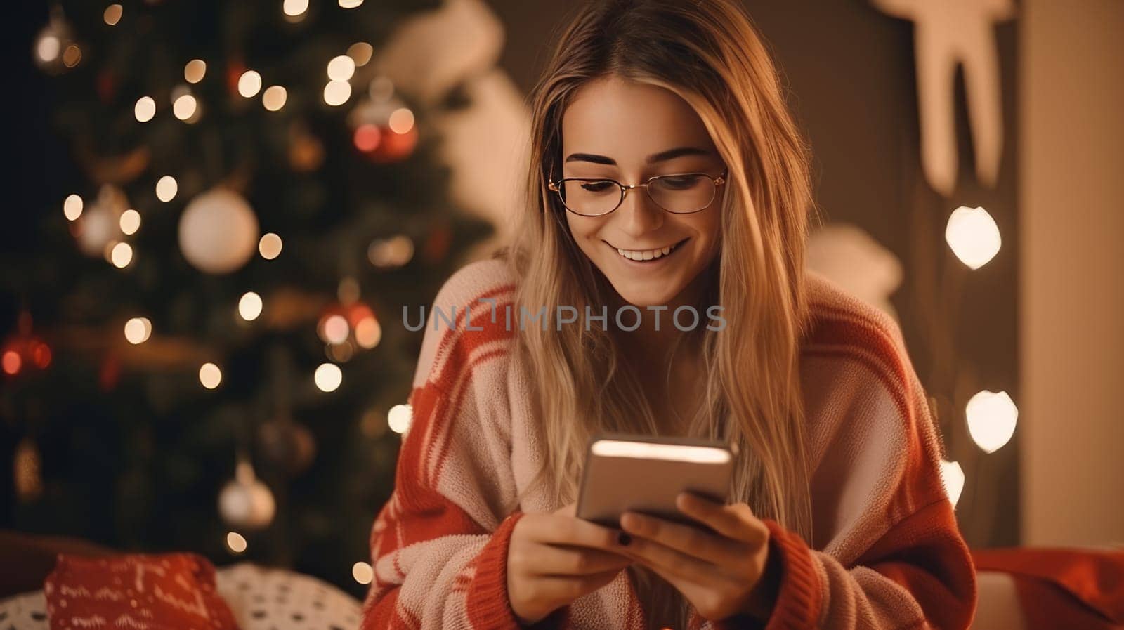 Young woman in pajamas in bed orders New Year's gifts during Christmas holidays at home using smartphone and credit card.