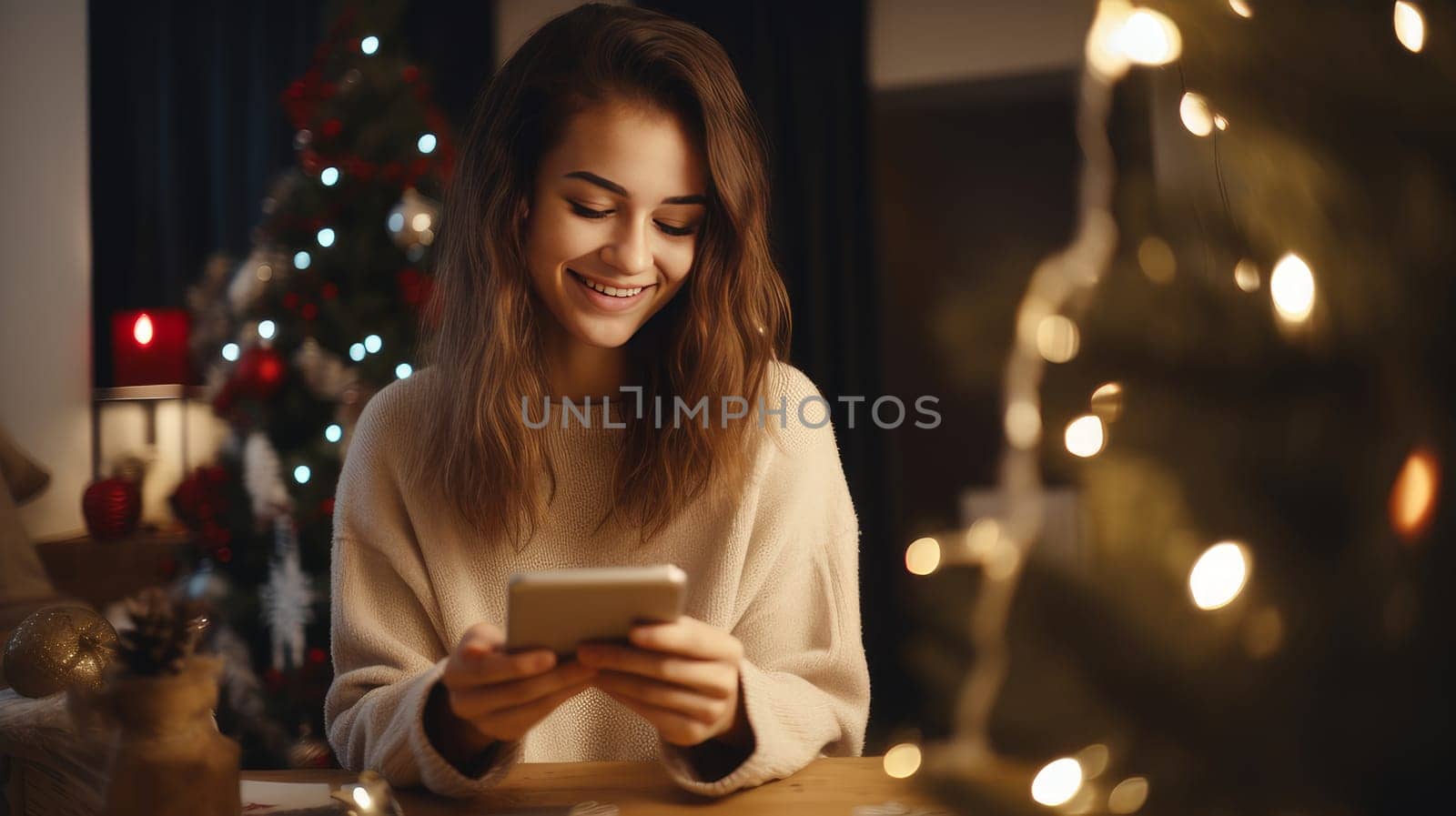 Pretty smiling girl holding Christmas gifts while standing against background of decorated Christmas tree outdoors wearing yellow outerwear on snowy winter holiday day by Alla_Yurtayeva