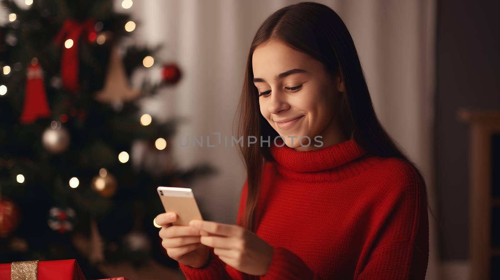 Young woman orders New Year gifts during Christmas holidays at home using smartphone and credit card.