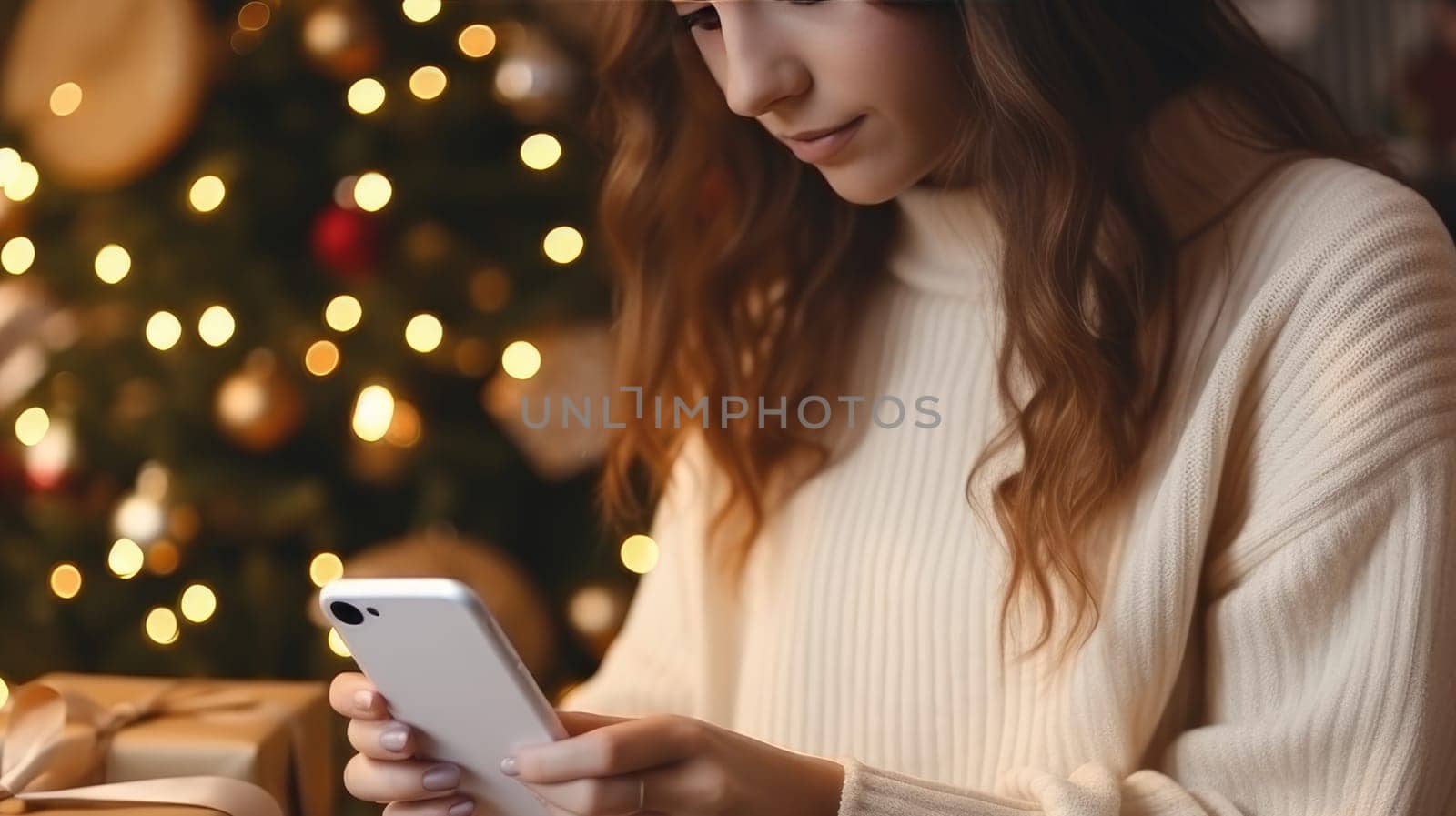 Young woman in a white sweater orders New Year's gifts during the Christmas holidays at home, using a smartphone and a credit card. by Alla_Yurtayeva