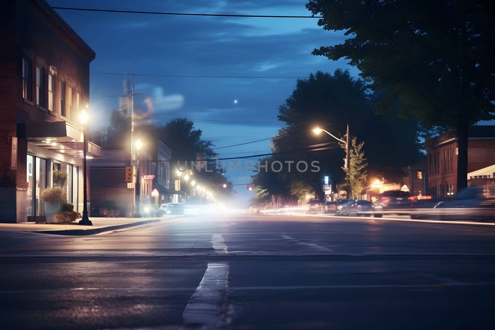 American downtown street view at summer night. Neural network generated image. Not based on any actual scene.