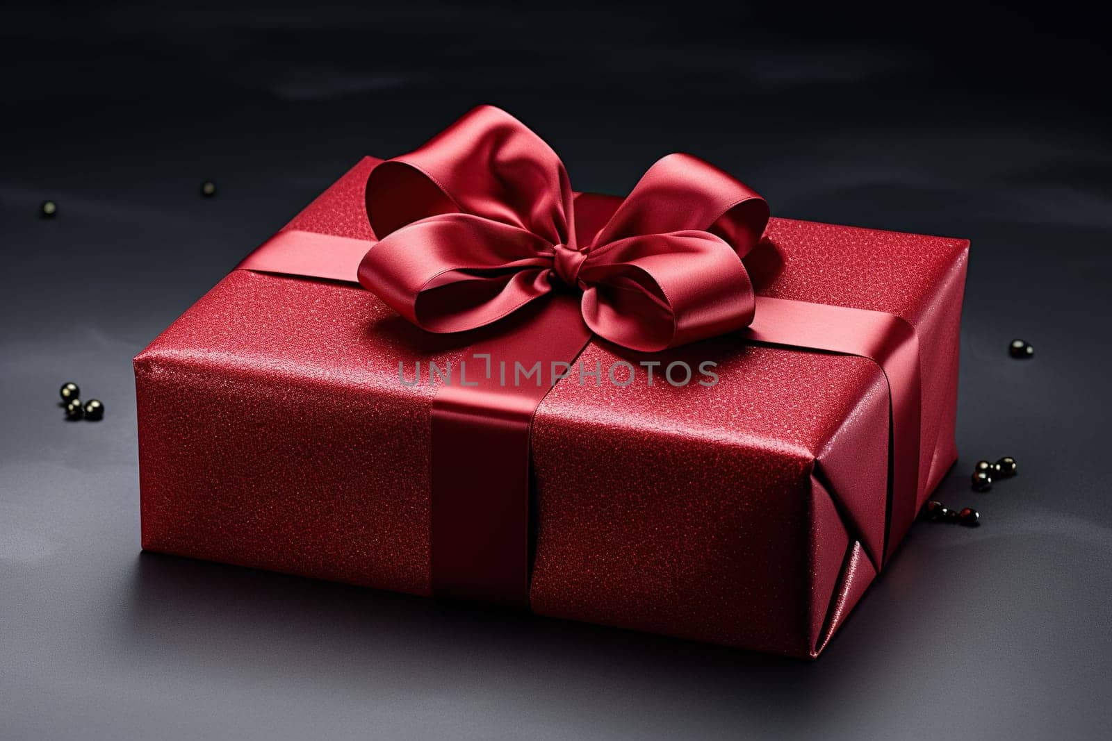 Red gift box with bow on a black background. Gift for birthday, Christmas, Valentine's day. by Vovmar