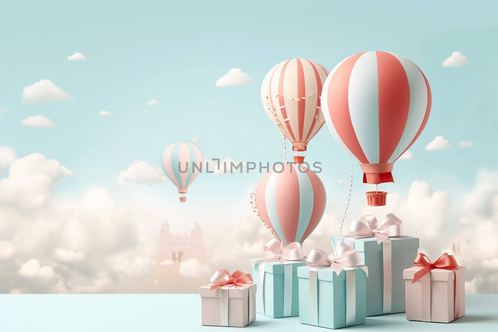 Congratulatory background with balloons, gifts against the background of the sky with clouds. Design of greeting background, cards for Birthday, Valentine's Day. by Vovmar