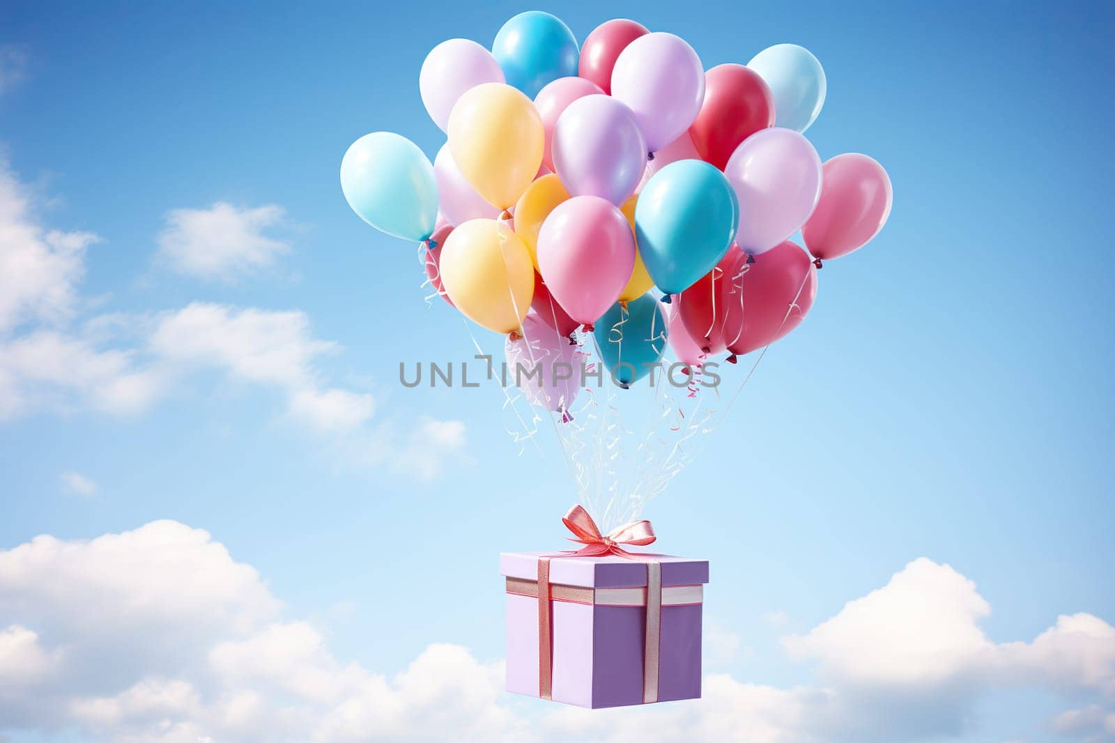 Gift flying on balloons in the sky with clouds. Design of greeting background, cards for Birthday, Valentine's Day. Generated by artificial intelligence