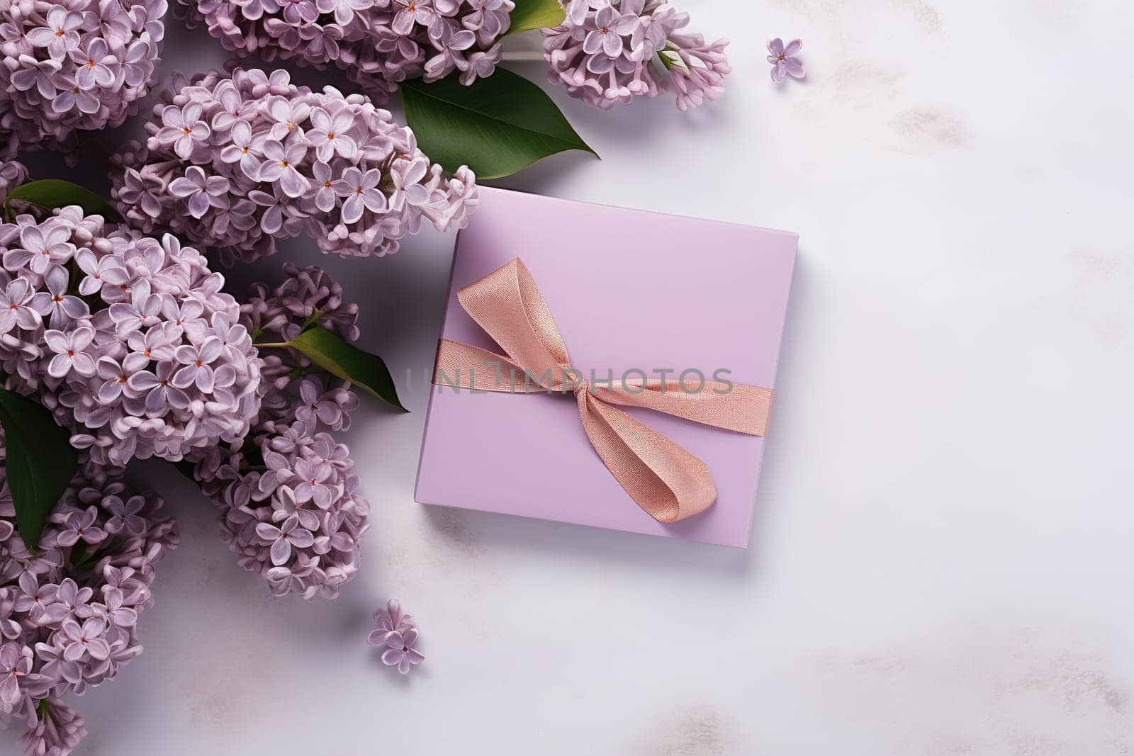 A gift and a branch of lilac flowers. Gift for birthday, March 8, Valentine's Day. by Vovmar