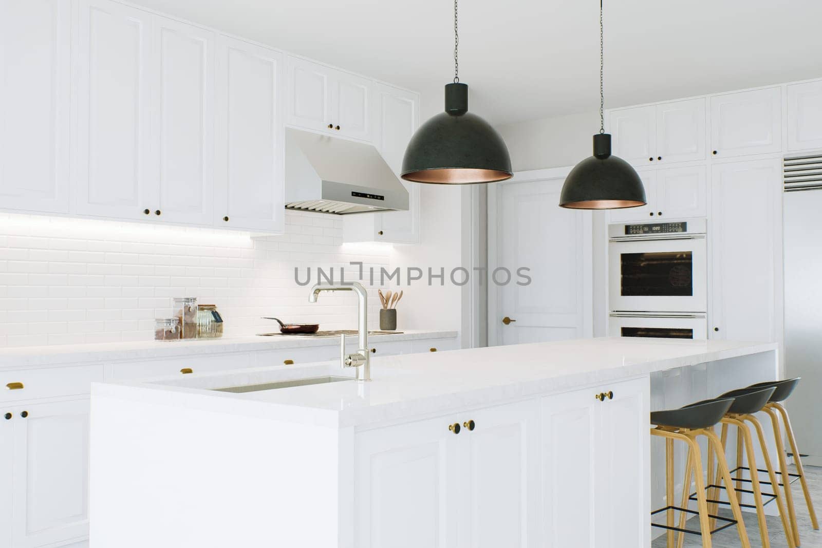 Large white kitchen with appliances and island accent. Kitchen with household appliances and utensils. 3D rendering