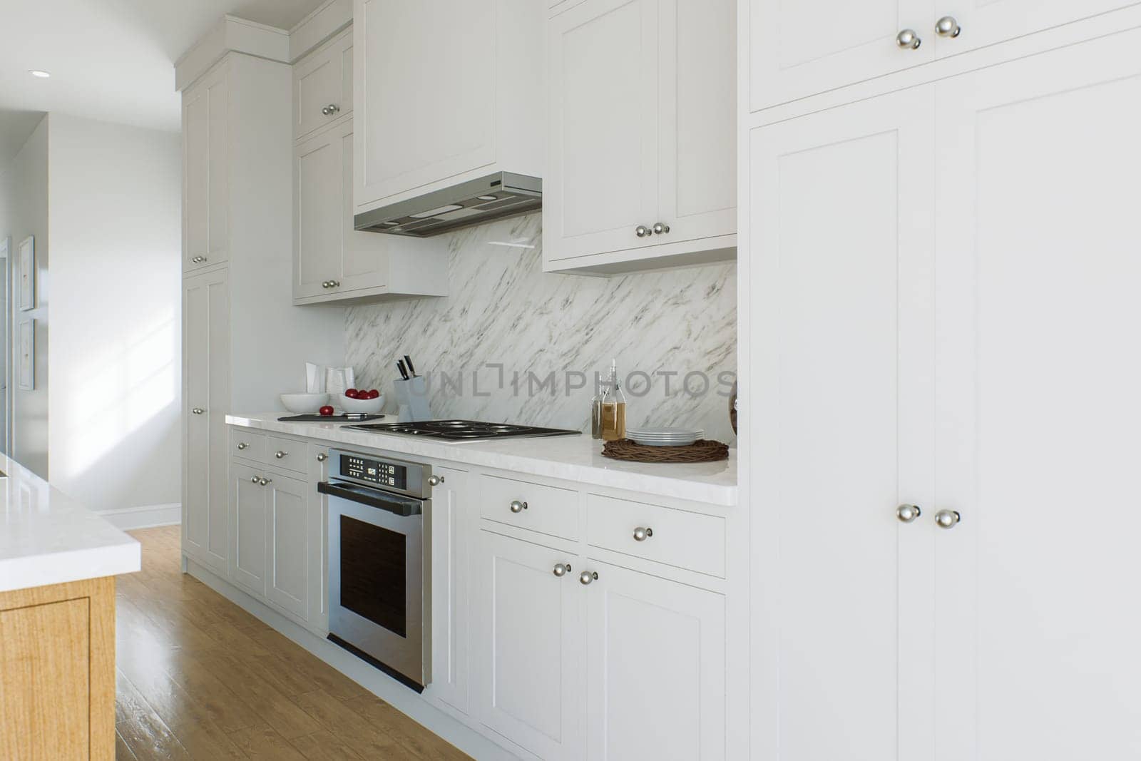 Kitchen with white cabinets, kitchen appliances and wood floors. Kitchen wall with dishes. 3D rendering