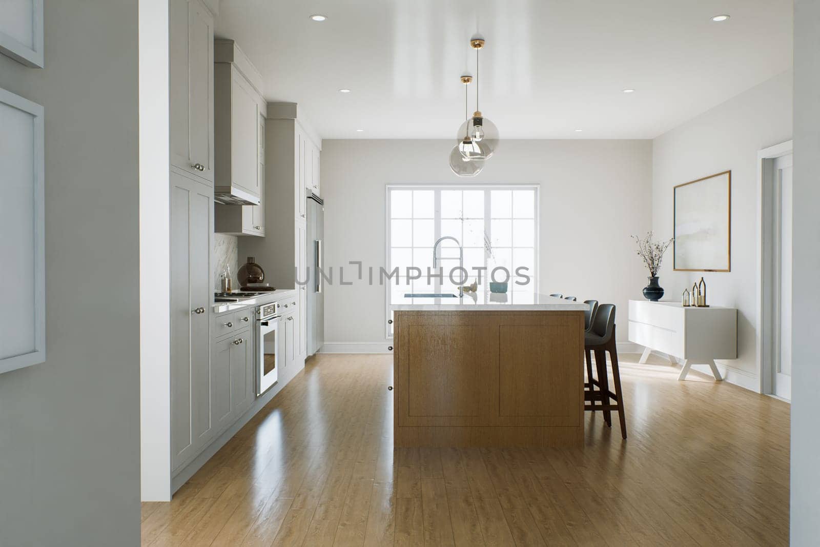 Traditional American kitchen with wooden island and kitchen appliances. Interior of a bright kitchen with a large window. 3d rendering