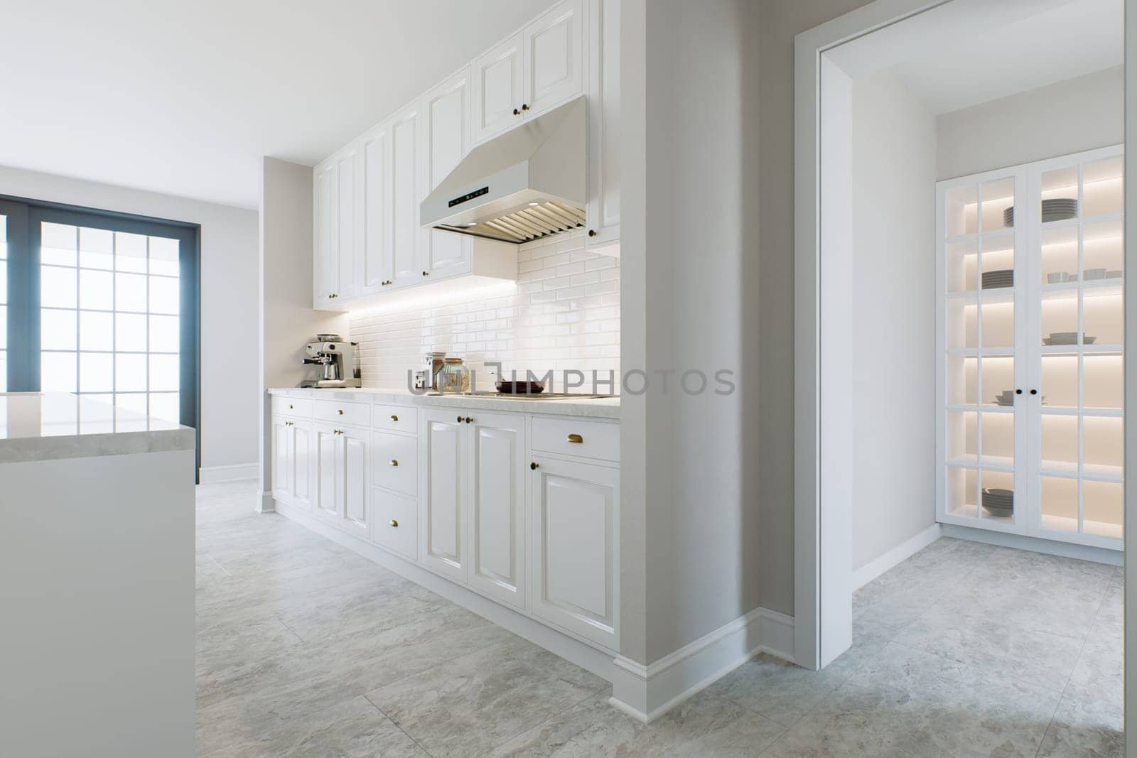 Kitchen with white cabinets, warm lighting and large metal hood. by N_Design