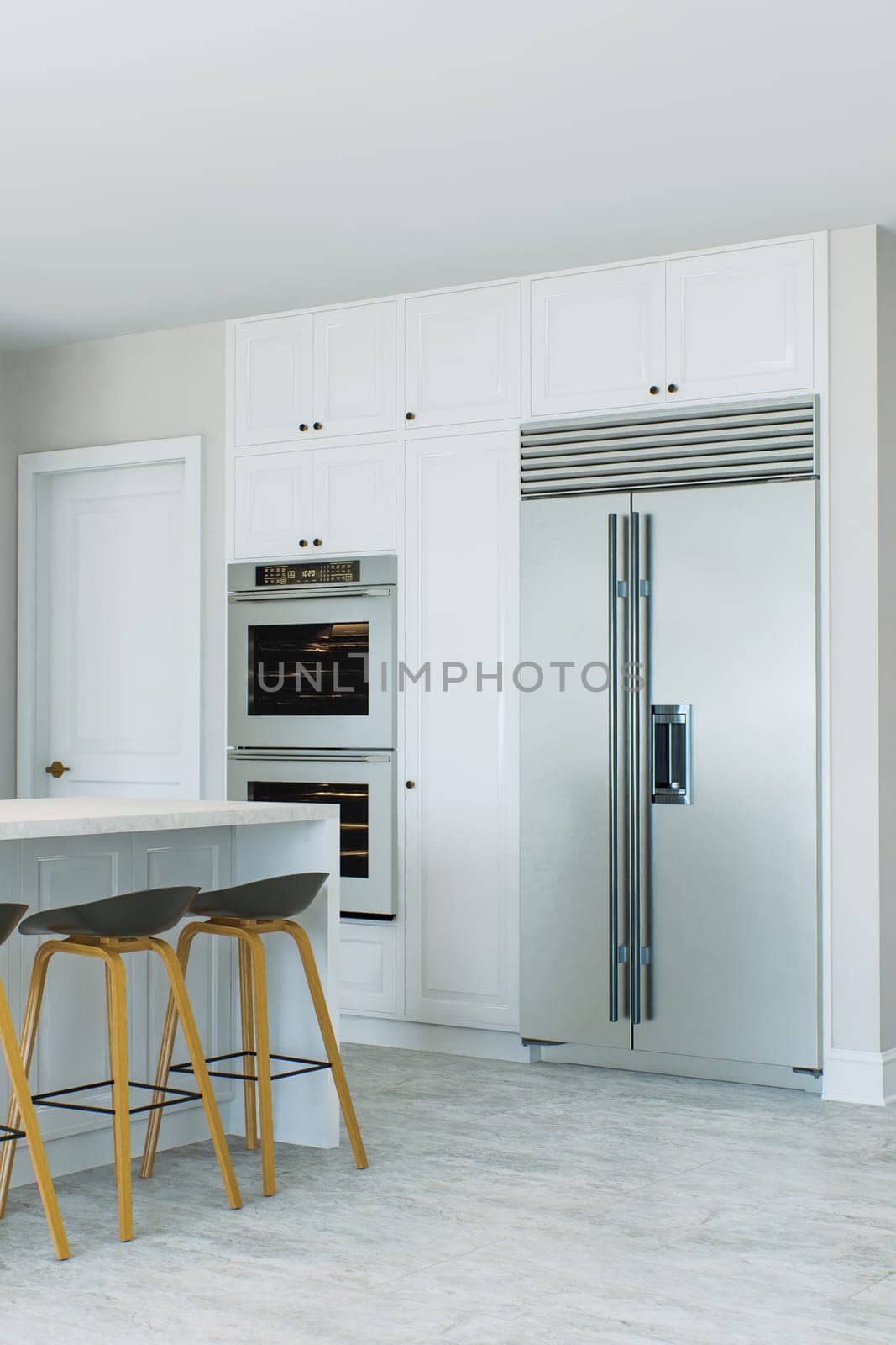 Bright kitchen with focus on large refrigerator. 3D rendering by N_Design