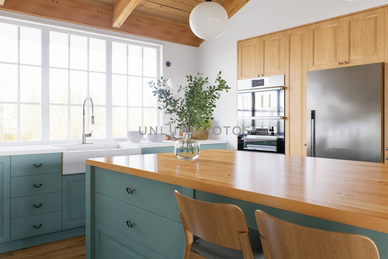 Kitchen with green cabinets, large window in the background and accent countertop to advertise the product. by N_Design