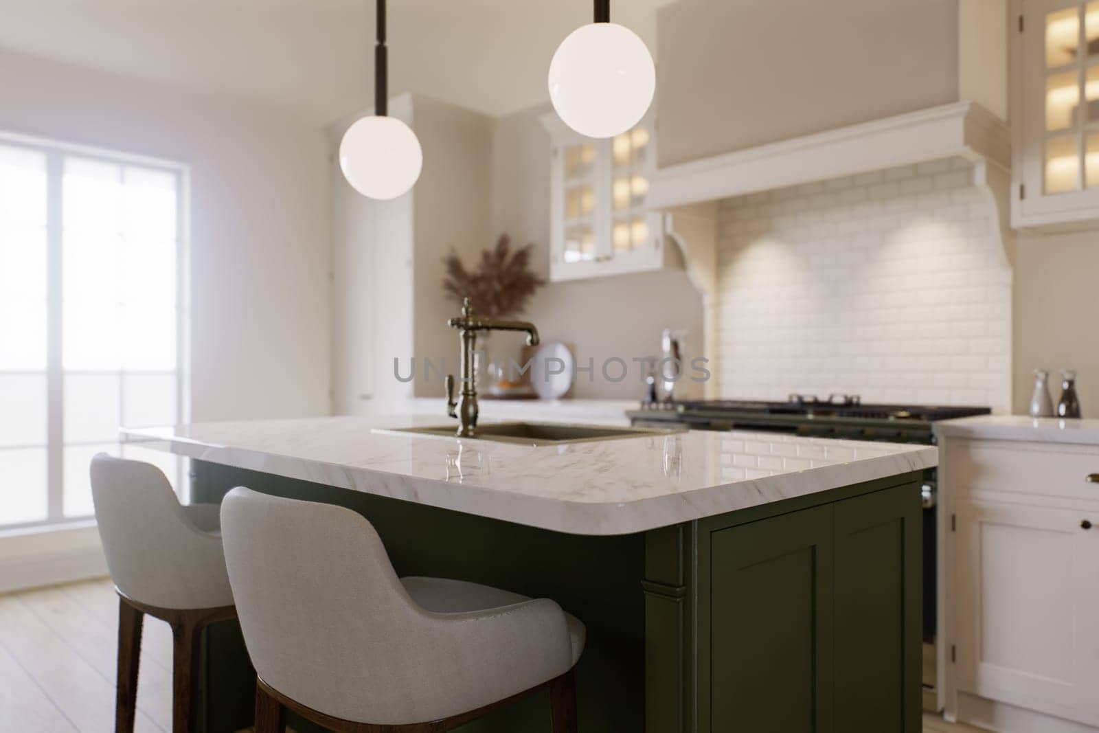 Kitchen with marble countertops and blurred kitchen background to display products on the surface. by N_Design