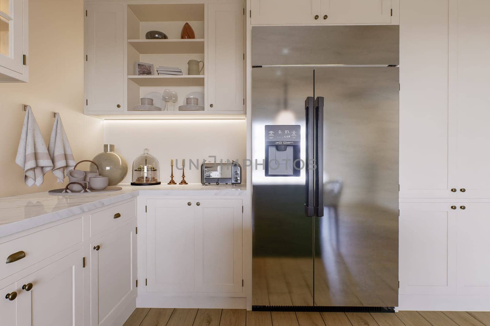 Chrome plated large double door refrigerator in the kitchen. by N_Design