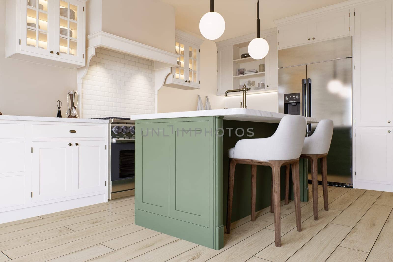 Bright kitchen in warm colors with a green island. Kitchen interior with household appliances and utensils. 3D rendering