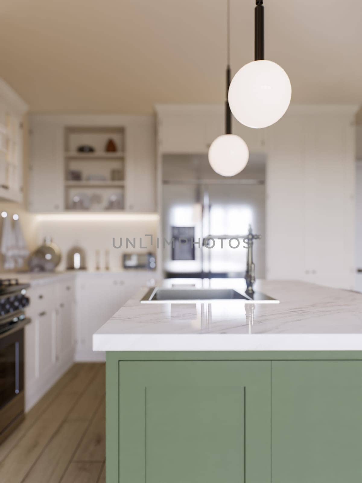 Kitchen with marble countertops and blurred kitchen background to display products on the surface. Kitchen interior with household appliances and utensils. 3D rendering