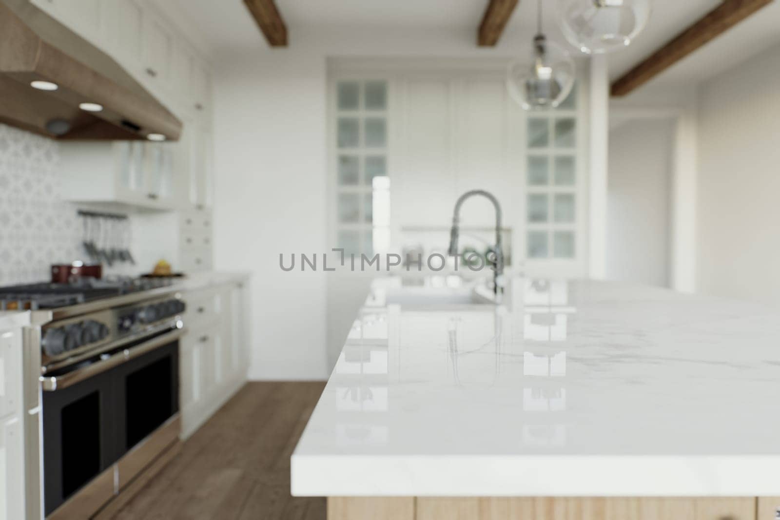 Kitchen with an emphasis on an empty countertop for arranging kitchen utensils. Kitchen interior with white cabinets and wooden island. 3D rendering