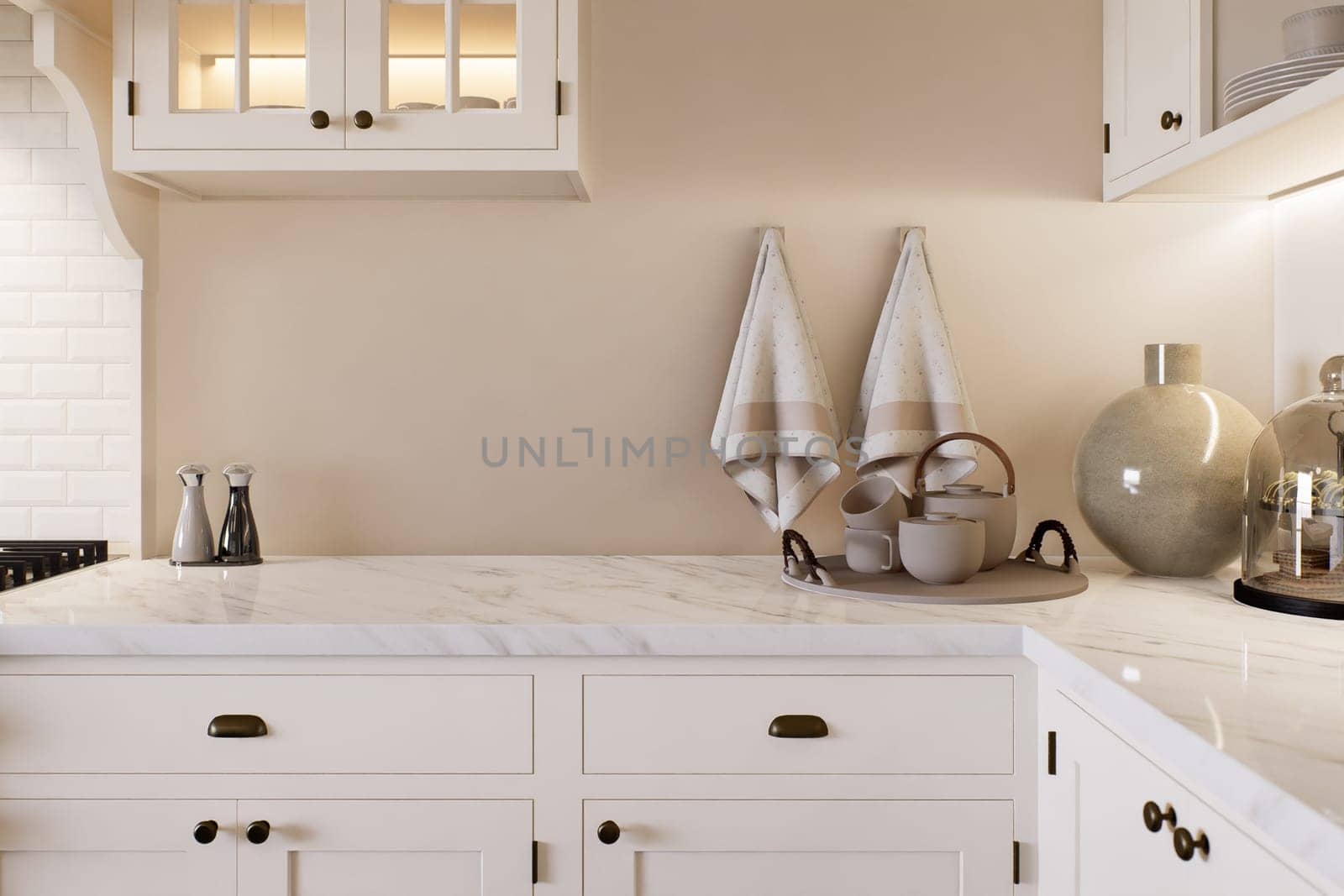 Kitchen with marble countertops and blurred kitchen background to display products on the surface. Kitchen interior with household appliances and utensils. 3D rendering