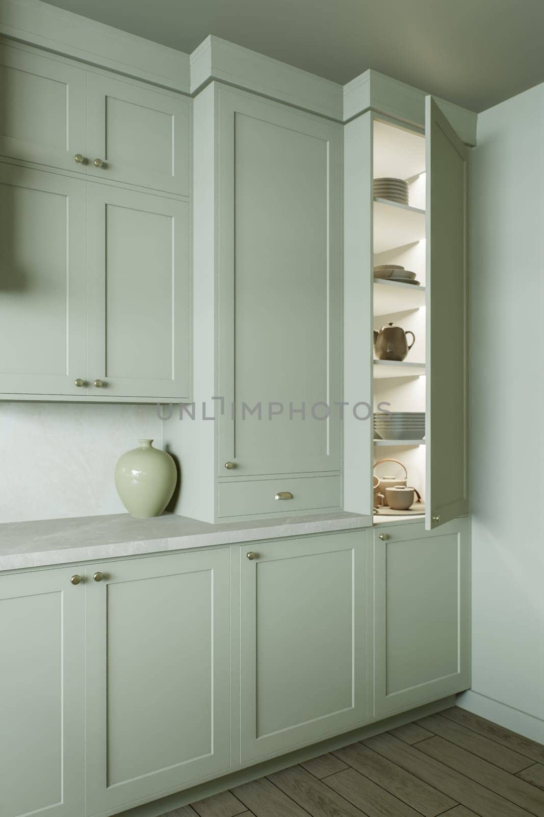 Kitchen cabinets with shelves and utensils in a traditional kitchen interior. by N_Design