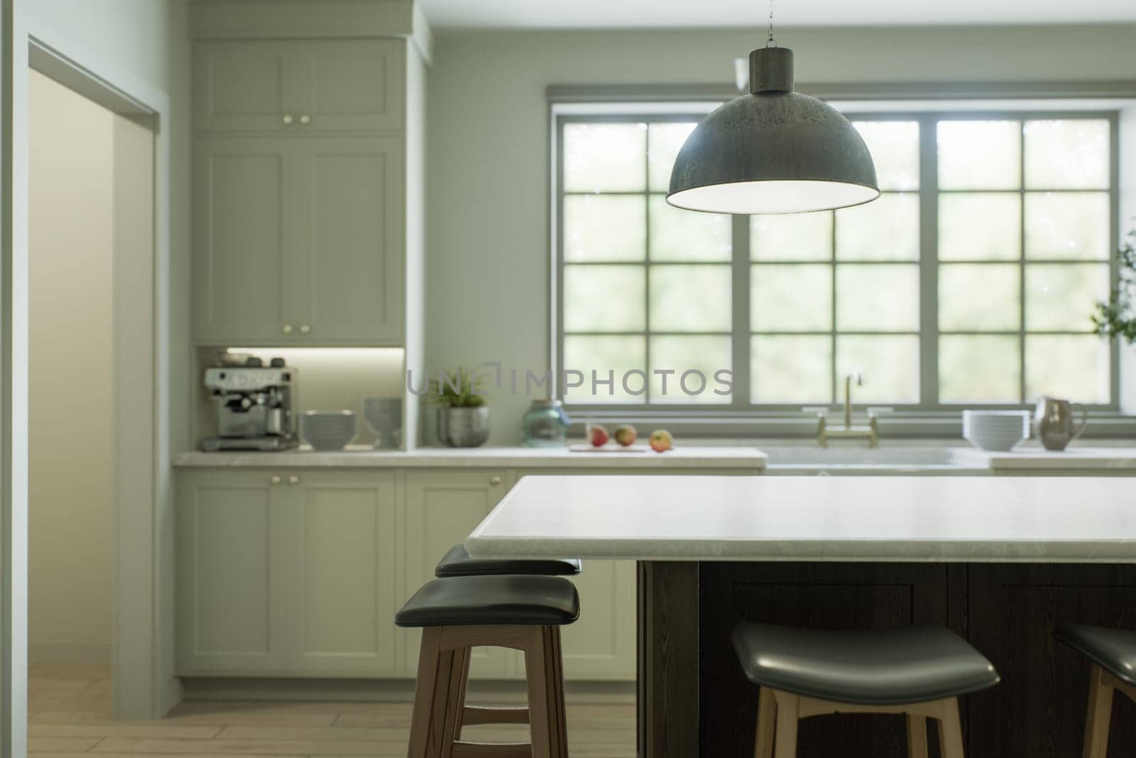 Kitchen with a large island, bar stools, metal lamps - in a traditional style. Kitchen interior with a large window and kitchen utensils. 3D rendering