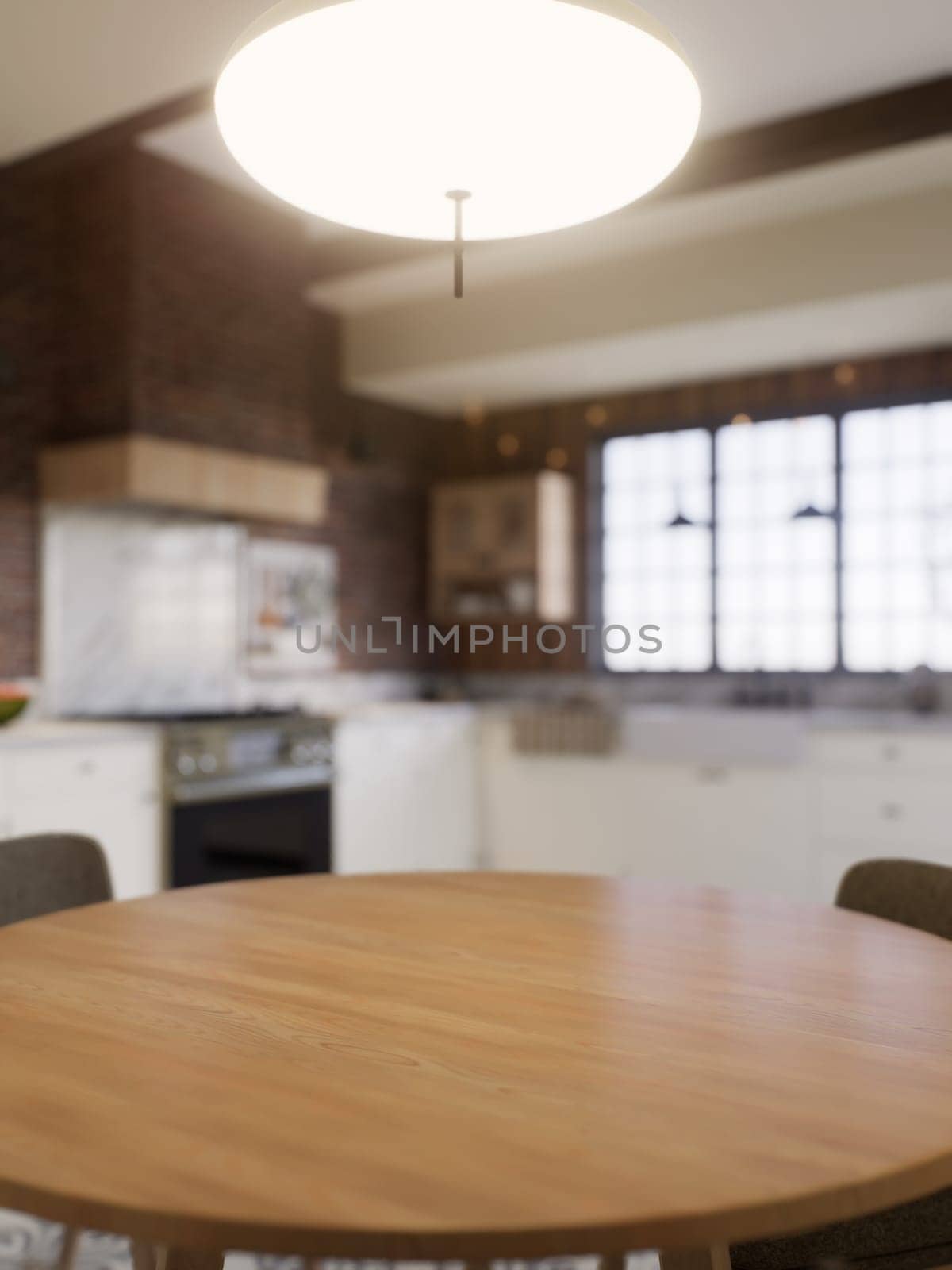 Kitchen with an emphasis on the surface of the kitchen table with a blurred background - a place to place products. L-shaped kitchen with beams and dining table. 3D rendering