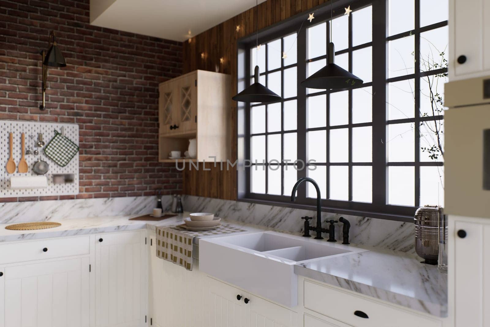 White kitchen with dark wood, large window and kitchen utensils. L-shaped kitchen accented by a kitchen sink near a large window. 3D rendering