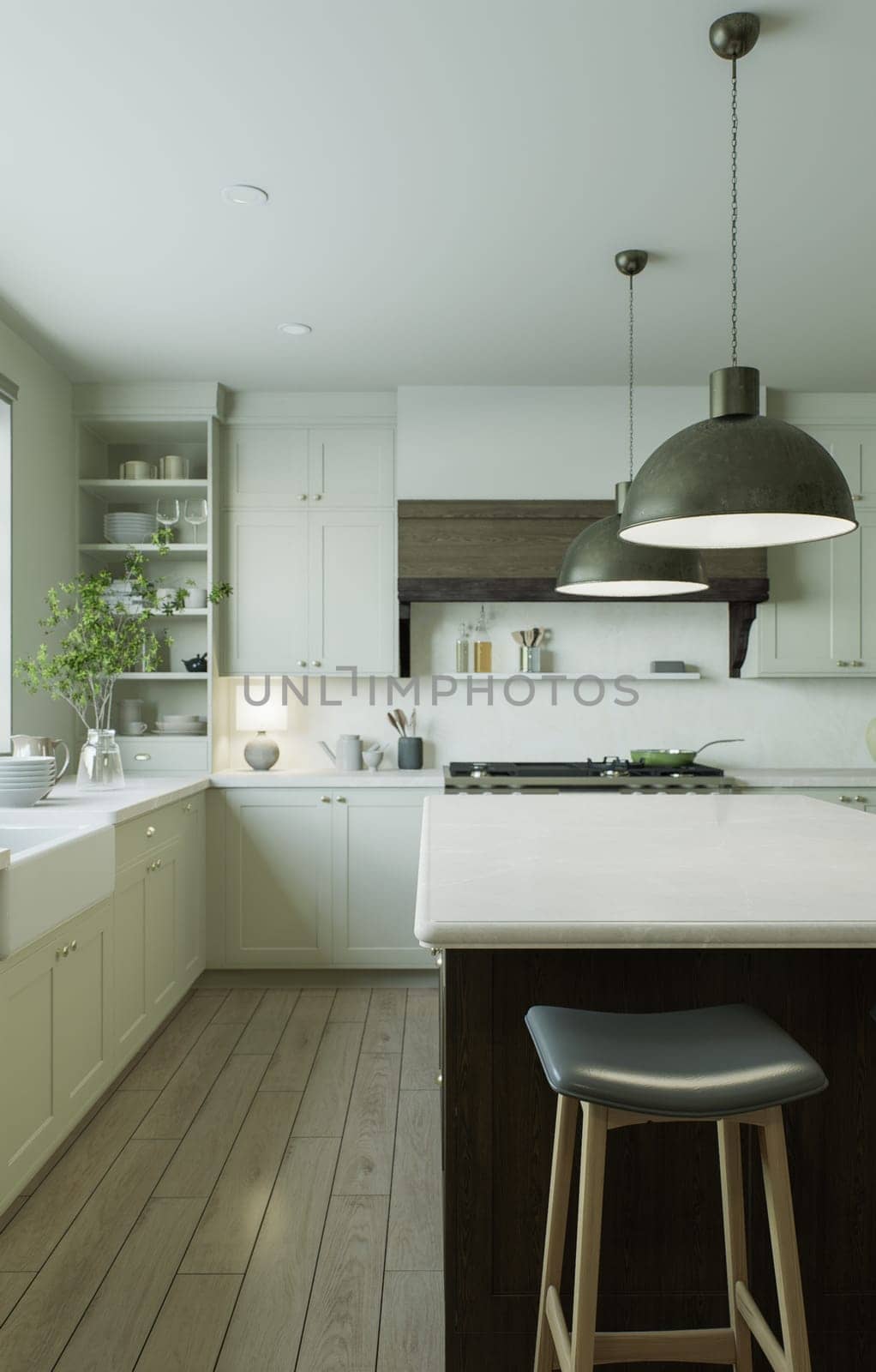 Beautiful bright kitchen in a new luxury home in a traditional style. Features a wood island, wood countertops, cabinets and wood flooring. 3d rendering