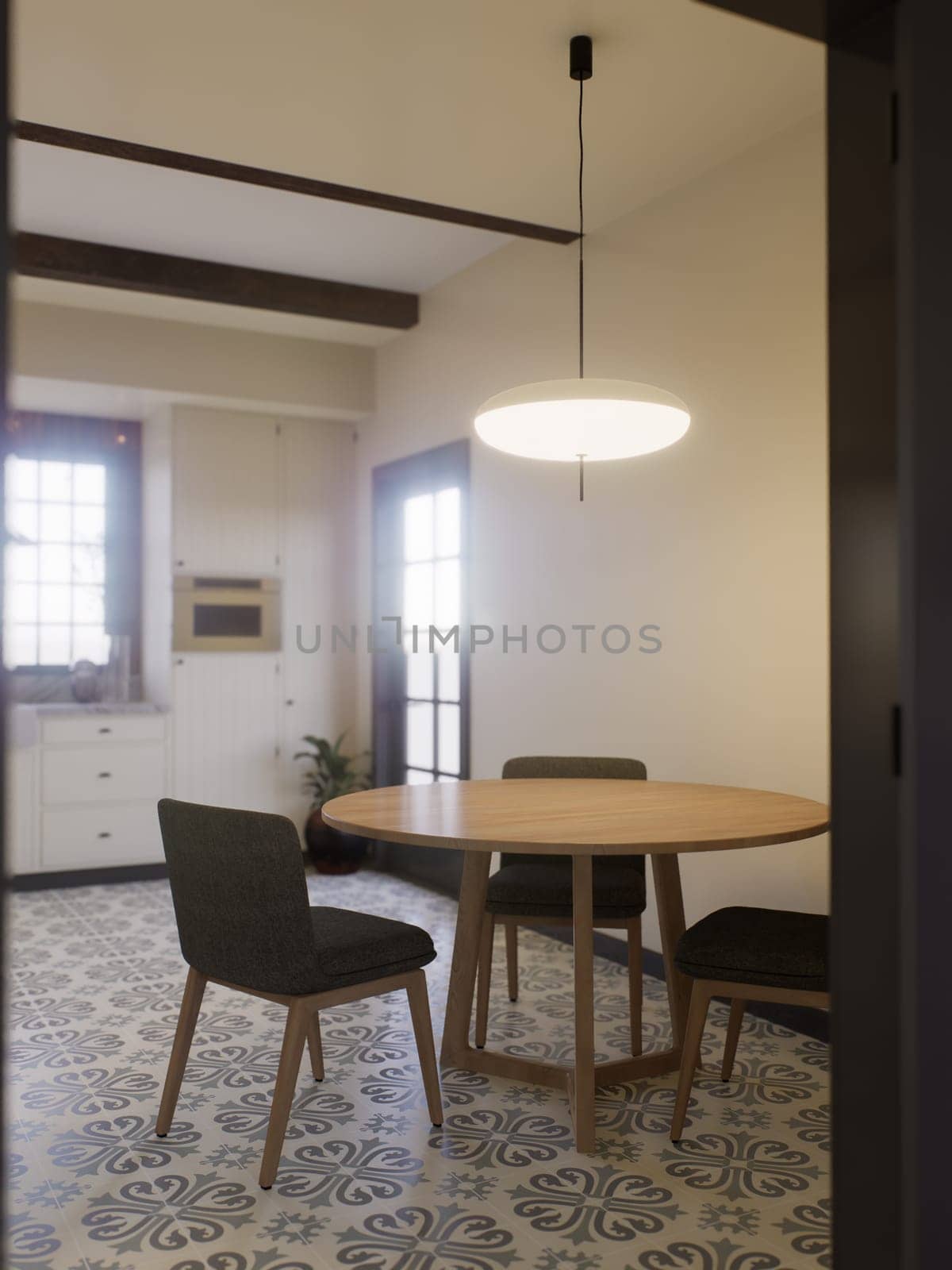 White kitchen with dark red brick, wood, large window and kitchen utensils. by N_Design