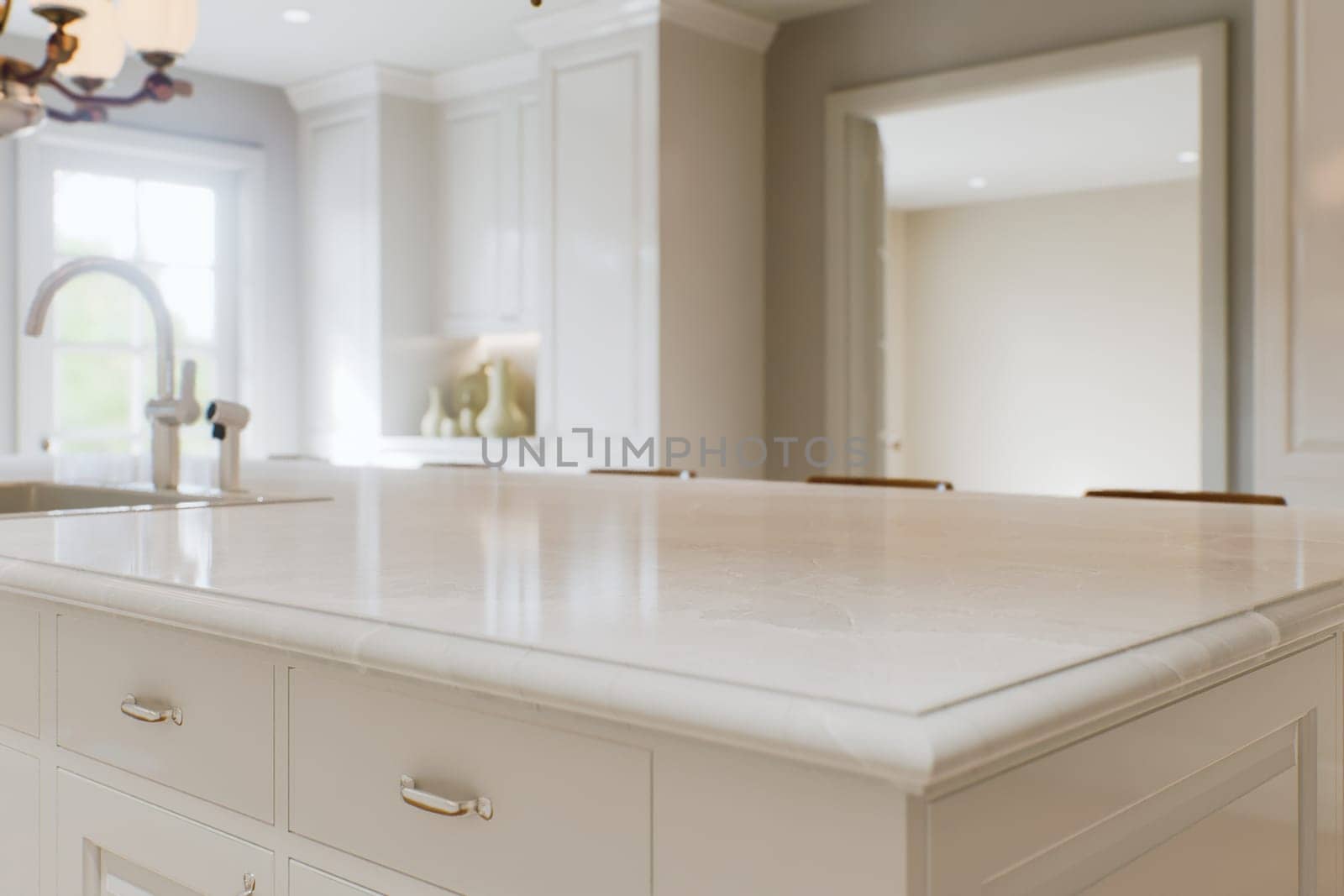 Kitchen white countertop with white marble, with blurred bokeh background. Presentation of goods in the kitchen interior on the countertop surface. 3D rendering