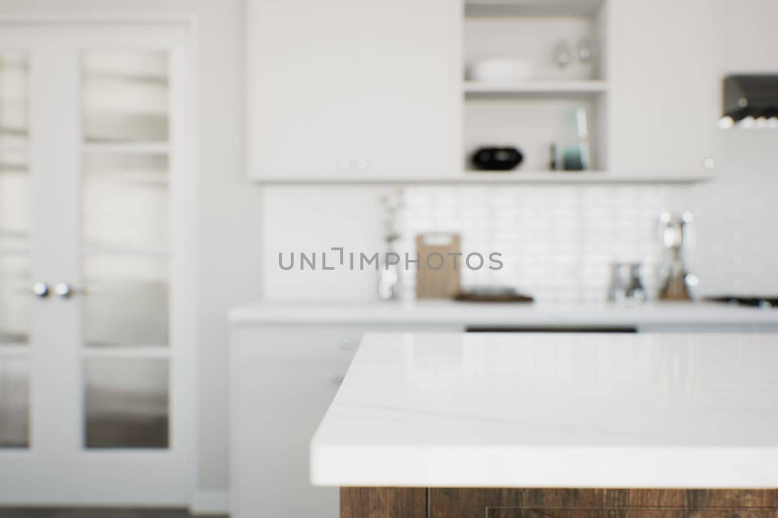 Focus on the marble countertop against the backdrop of kitchen appliances and utensils. Stylish traditional kitchen with wooden fixtures. 3D rendering