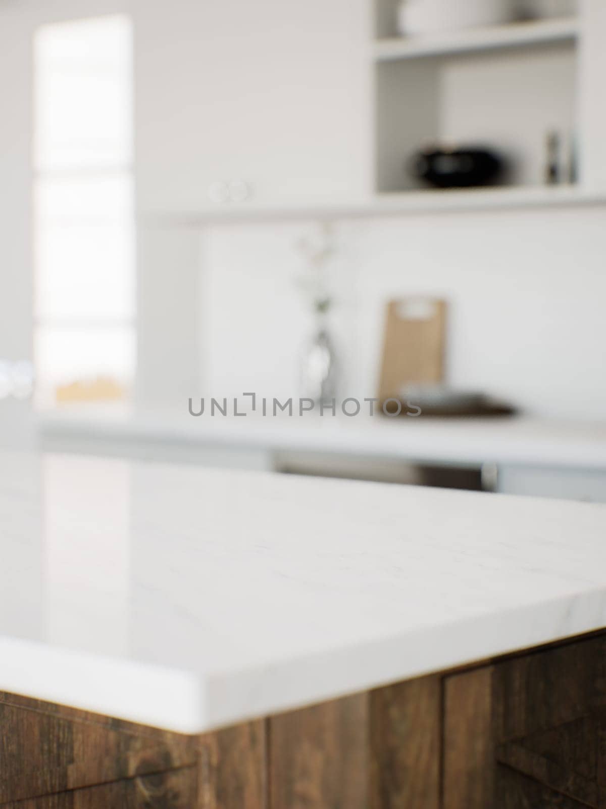 Focus on the marble countertop against the backdrop of kitchen appliances and utensils. by N_Design