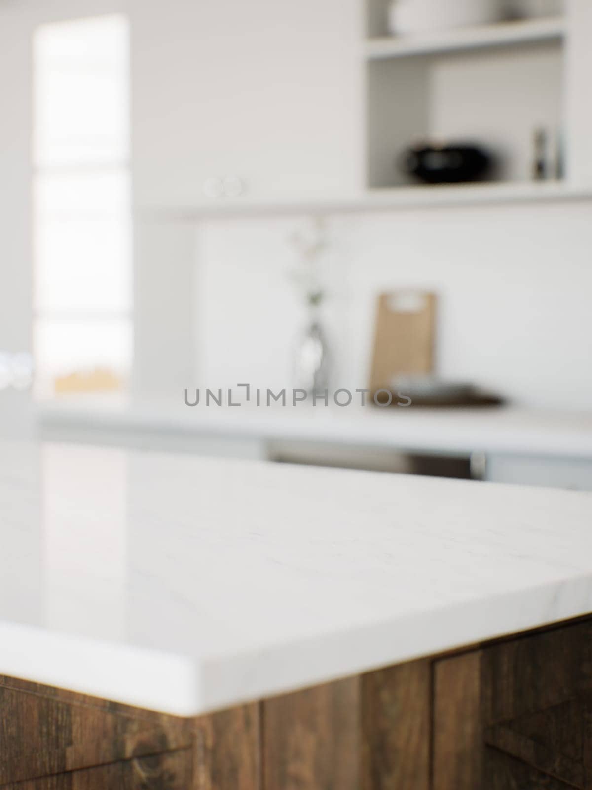 Focus on the marble countertop against the backdrop of kitchen appliances and utensils. Stylish traditional kitchen with wooden fixtures. 3D rendering