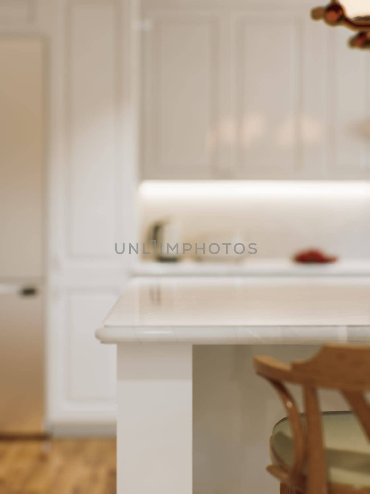 Kitchen white countertop with white marble, with blurred bokeh background. by N_Design