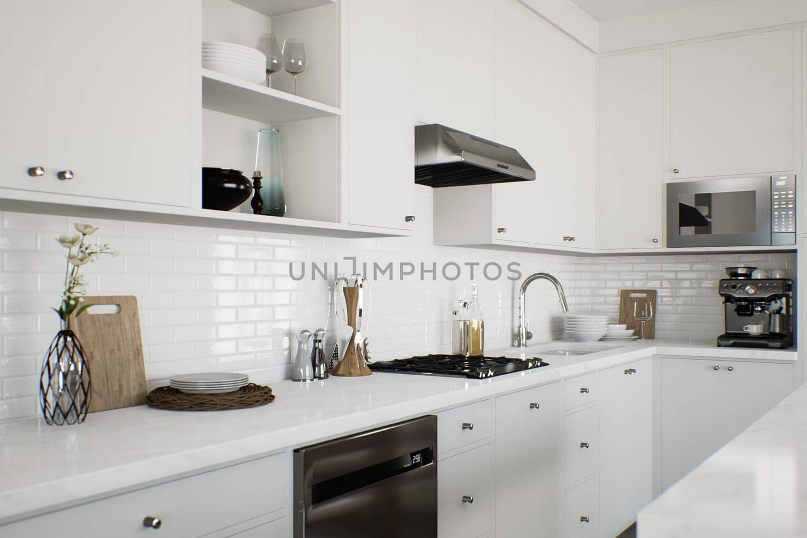 White kitchen with kitchen appliances and utensils by N_Design